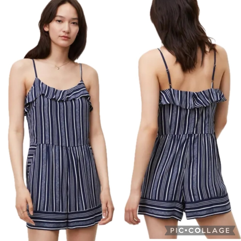 Ann Taylor Loft Blue & White Striped Sleeveless Ruffle Romper With Pockets